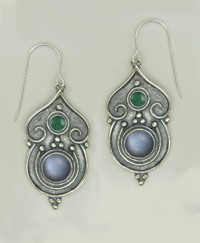 Sterling Silver Gothic Inspired Drop Dangle Earrings With Grey Moonstone And Jade